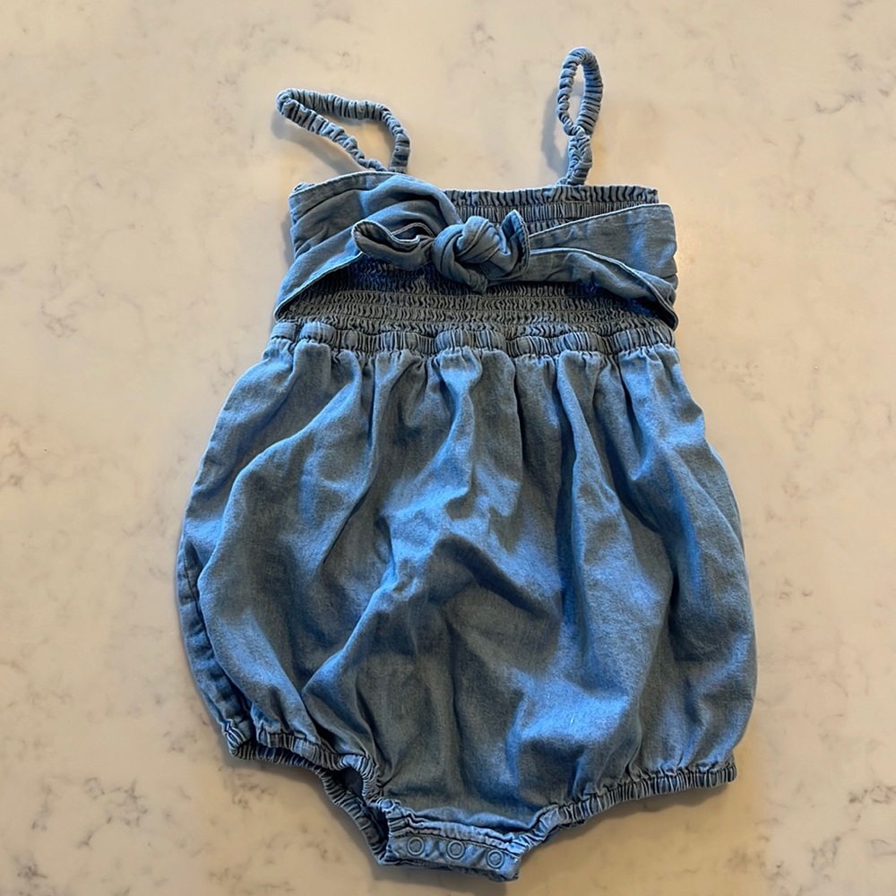 Smocked denim bubble onesie
